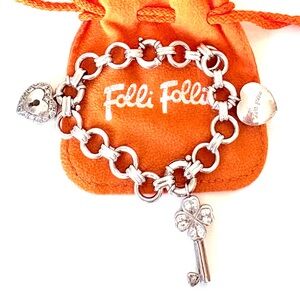 Folli Follie - Vintage Sterling Silver Charm Bracelet with Heart & Key Charms
